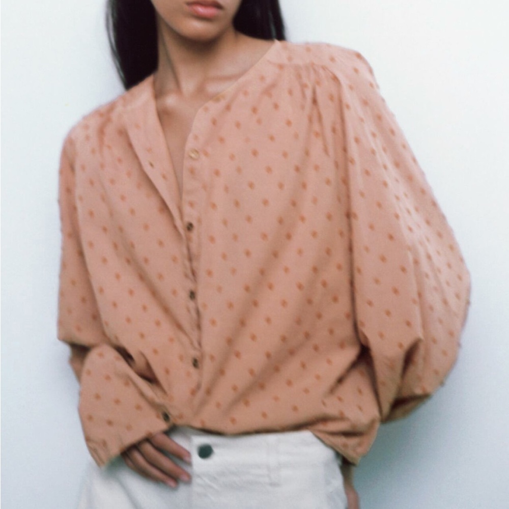 Zara Swiss Dot Blouse with Voluminous Sleeves